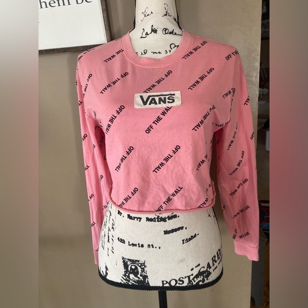 Vans off the wall long sleeve crop top pink black womens S